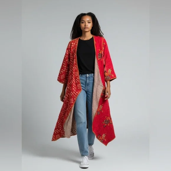 132 KANTHA Fitted Long 3/4 Sleeve Cardigan Reversible Handmade one of a kind 🌸 - Picture 5 of 11